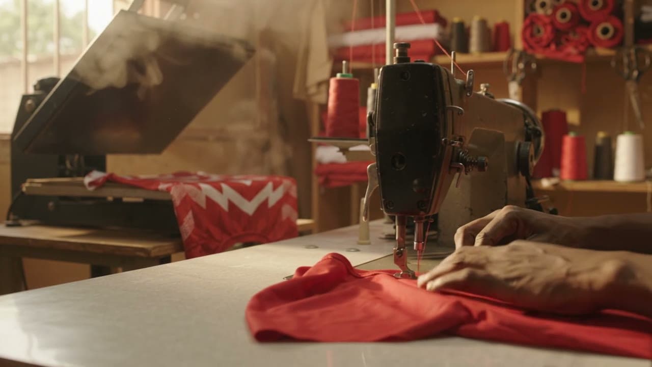 Maillot rouge sous la machine à coudre dans l'atelier