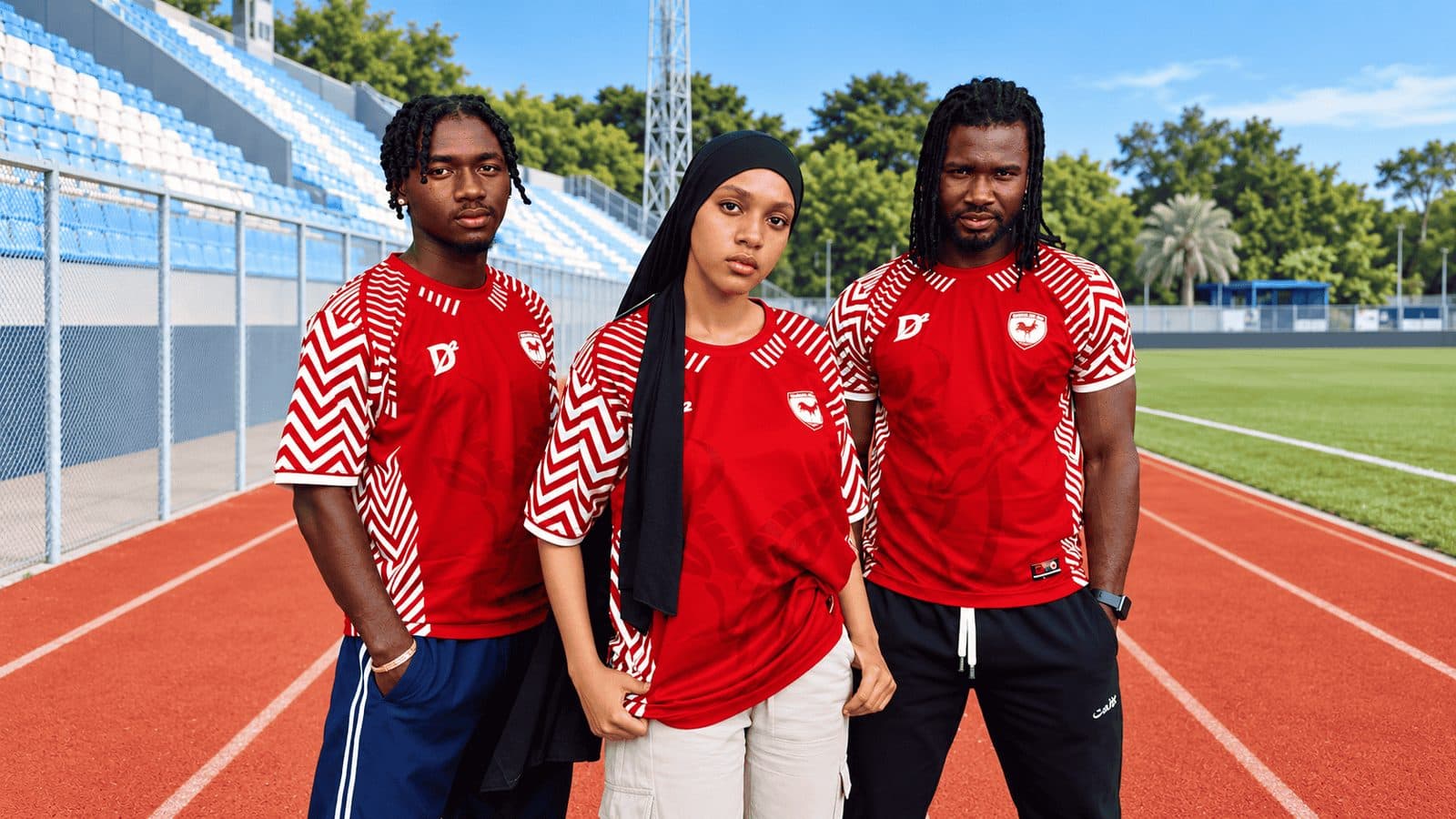 Trois joueurs en maillots rouges sur la piste